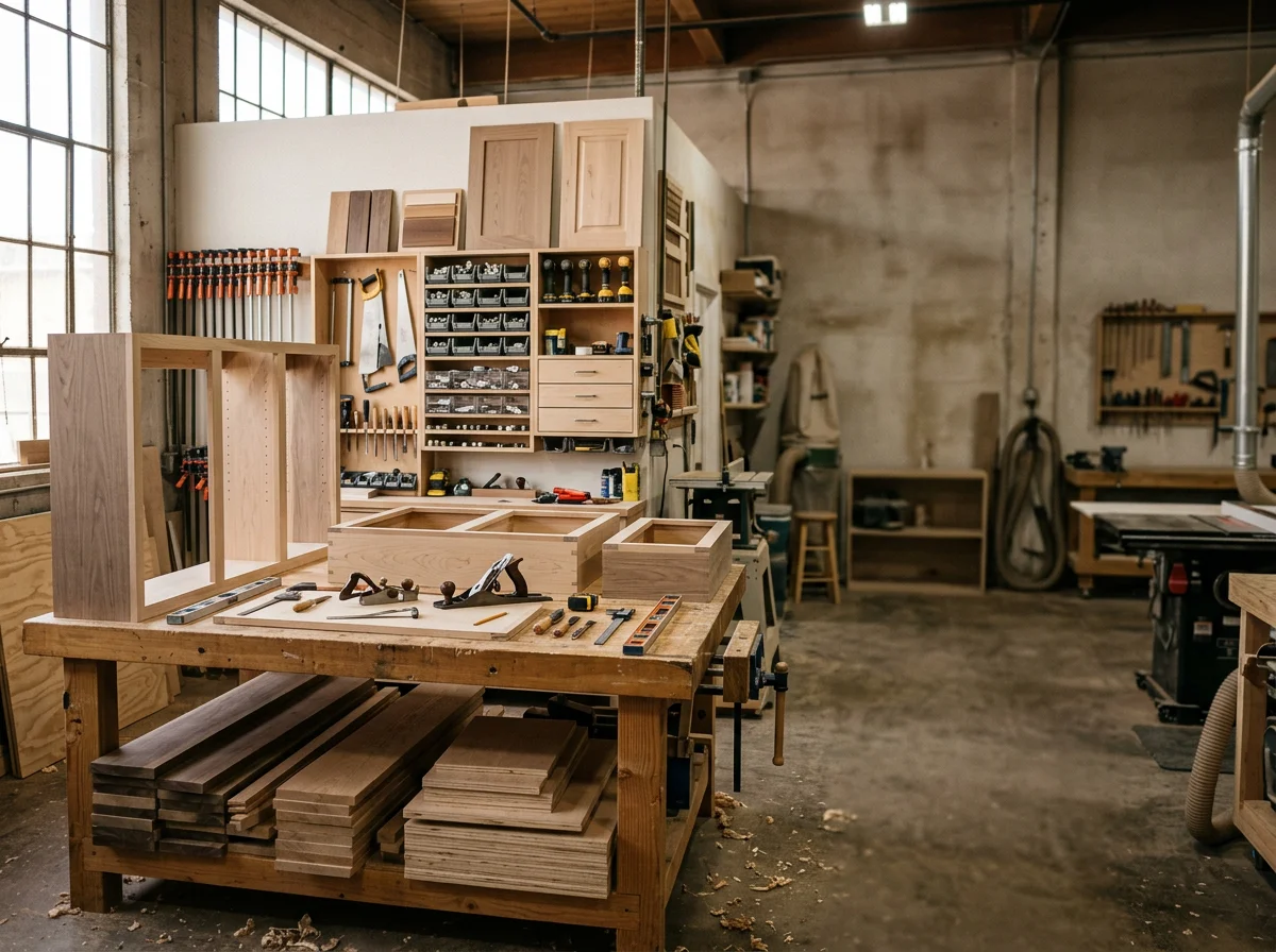 Construction workshop with cabinetry tools and materials on display, showcasing in-house production capabilities.