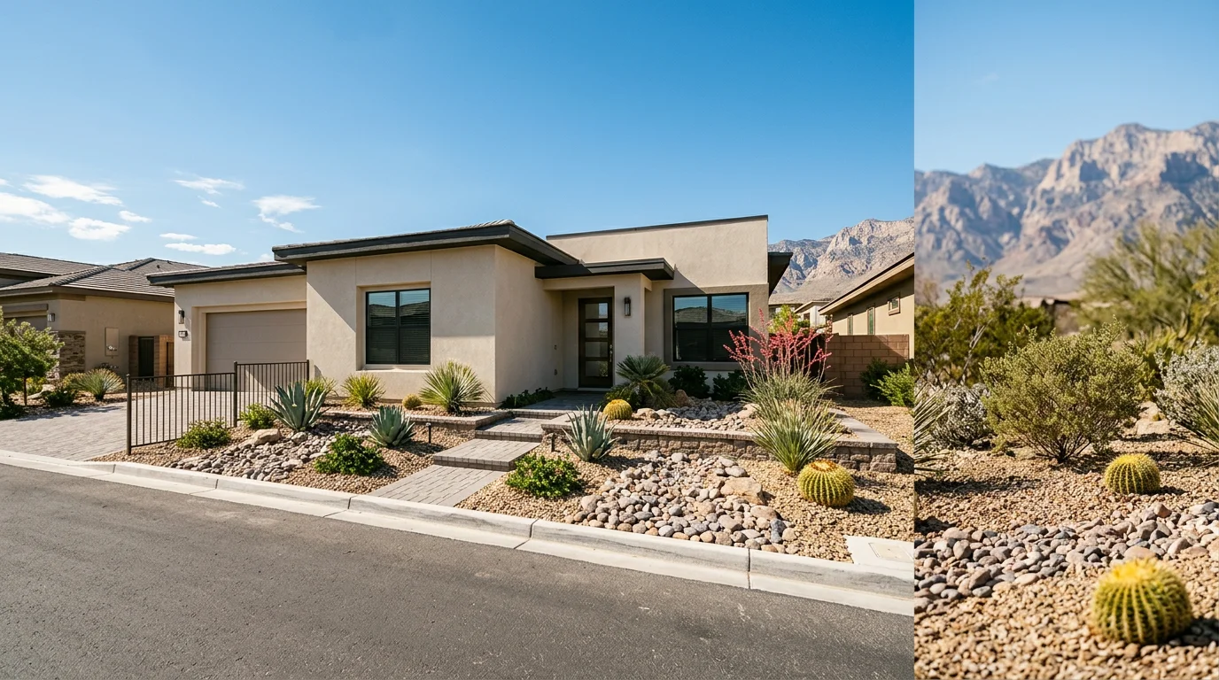 Residential home in Las Vegas with desert landscaping and mountain backdrop under clear blue sky.