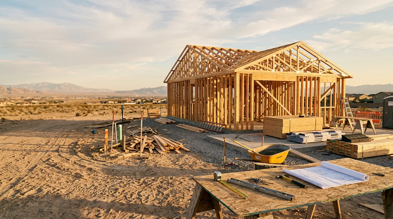 A newly constructed detached accessory dwelling unit in a Las Vegas residential backyard, featuring a covered entry, stucco exterior, and desert-landscaped surroundings consistent with Clark County residential neighborhoods.