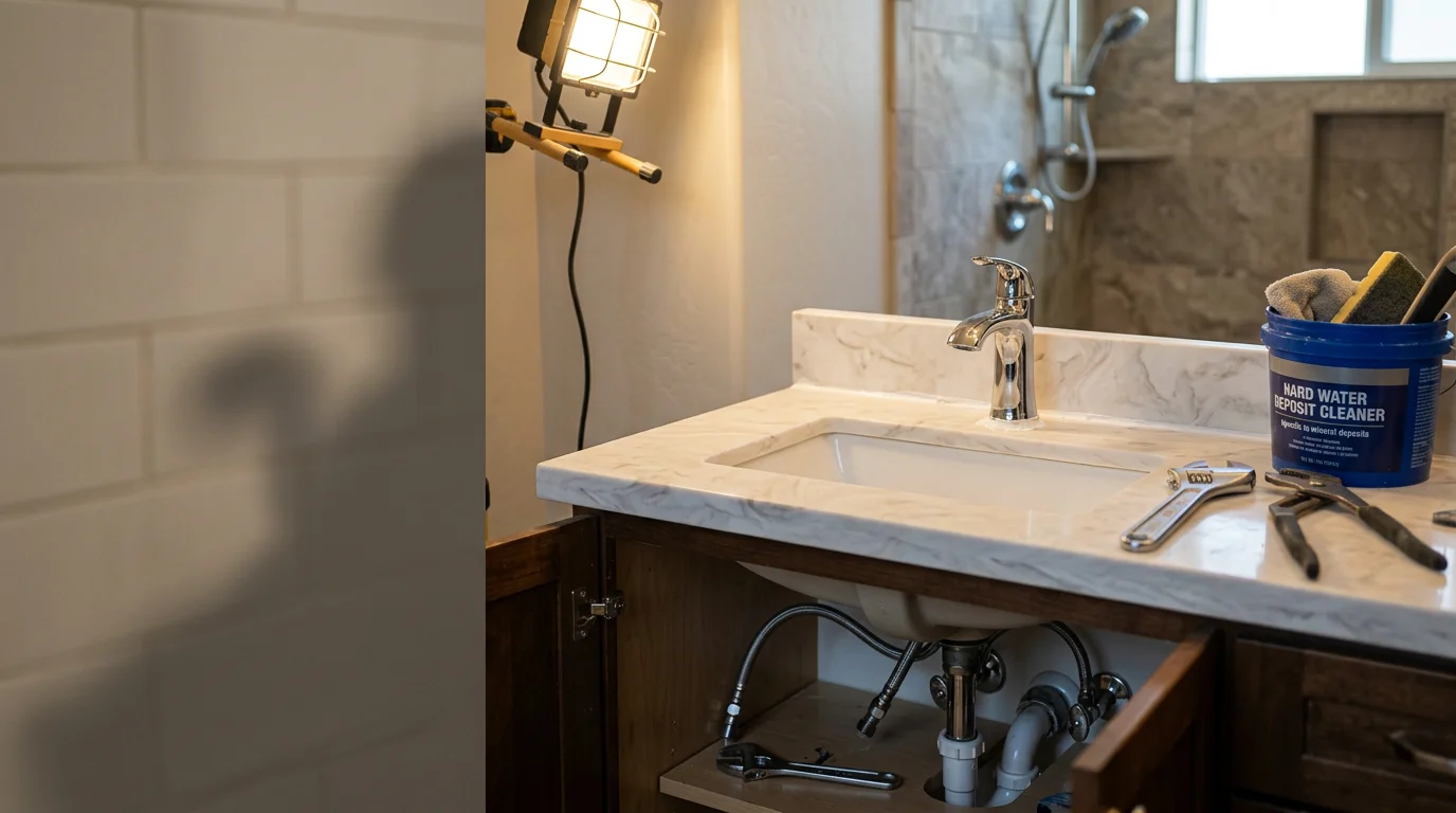 A newly installed bathroom sink, faucet, and toilet in a remodeled Las Vegas home bathroom with clean supply line connections and finished tile surround. The fixtures are fully set and ready for use as part of a completed Lia Construction bathroom remodeling project.