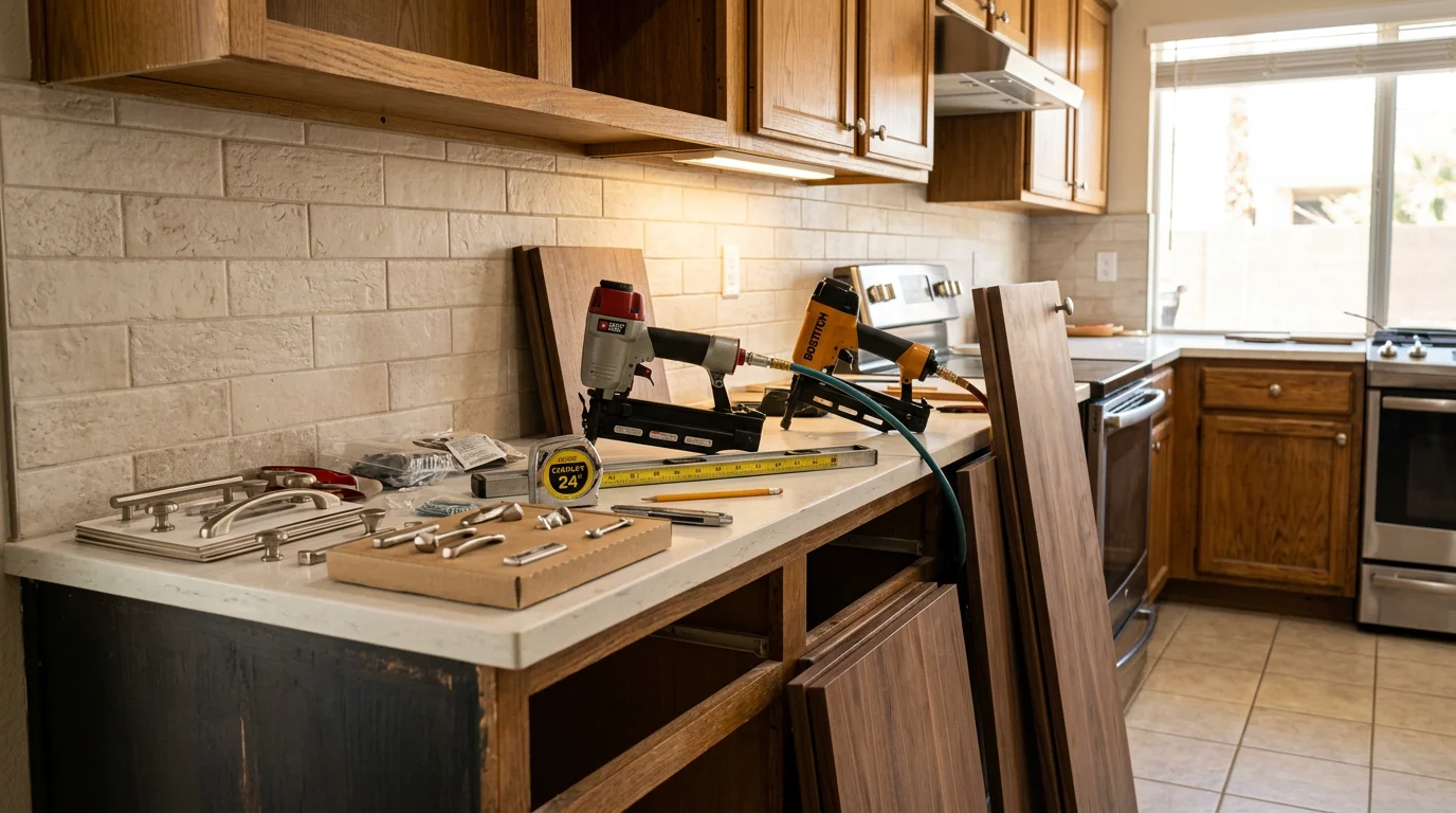 Refaced kitchen cabinets in a Las Vegas home showing new shaker-style doors, updated drawer fronts, and fresh veneer on the cabinet frames. The kitchen features a clean, modern finish consistent with current Las Vegas remodeling trends.