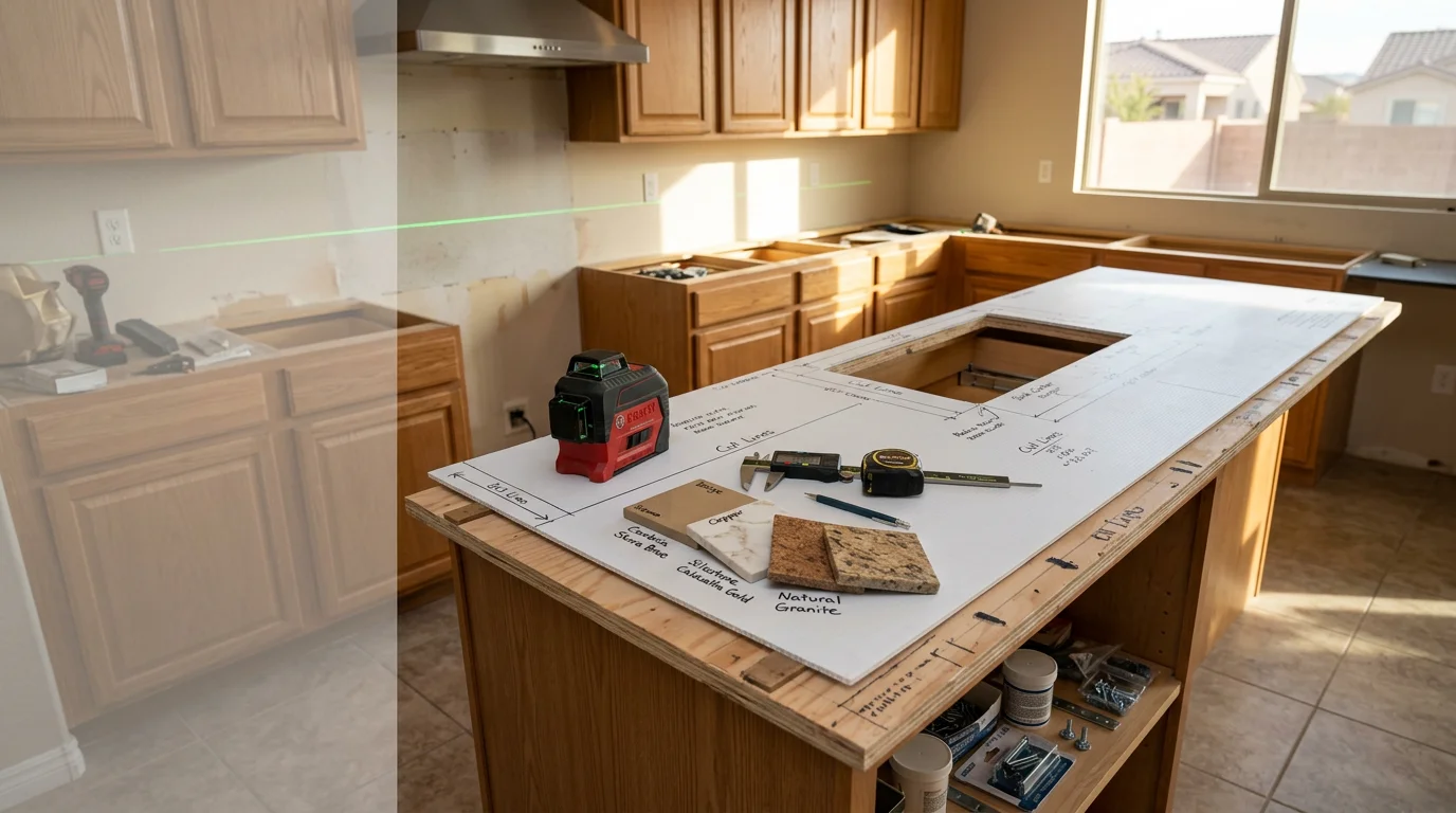 Newly installed stone kitchen countertop with undermount sink cutout in a Las Vegas home kitchen remodel. The surface runs along base cabinets with a clean edge profile and open layout typical of Las Vegas residential kitchen designs.