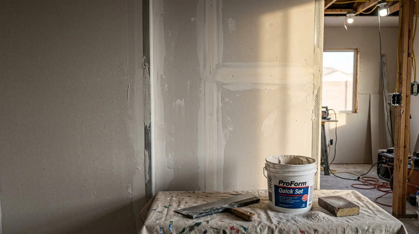 A freshly finished interior wall in a Las Vegas home showing smooth, seam-free drywall ready for paint. A contractor applies the final coat of joint compound along a taped seam in a bright, newly renovated room.
