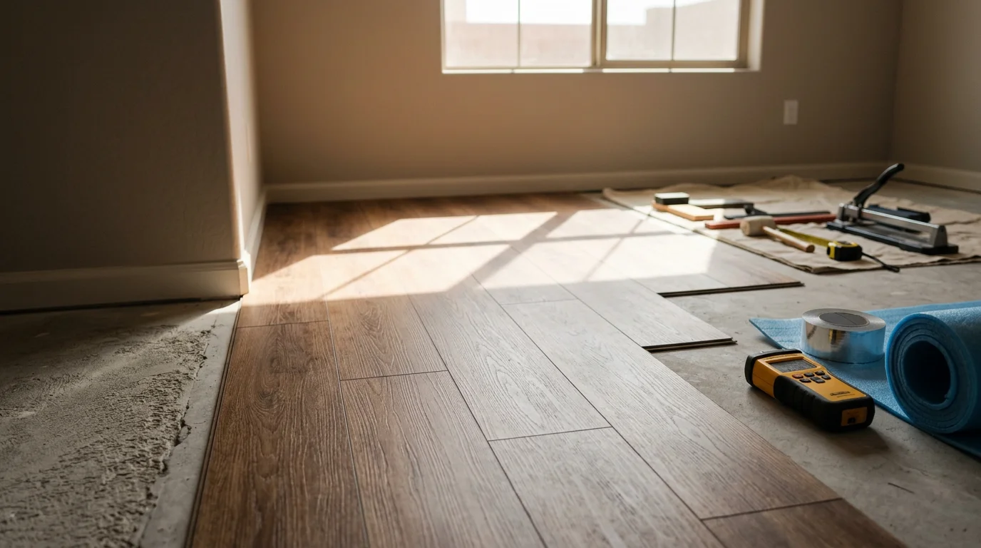Freshly installed tile flooring in a Las Vegas residential living room with a slab foundation and open floor plan. The room shows clean grout lines and a cool-toned finish suited to the desert climate.