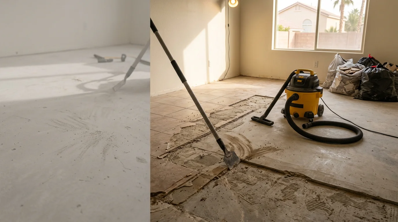 A Las Vegas home interior with old tile flooring fully removed, exposing a clean concrete subfloor ready for new installation. A flooring contractor from Lia Construction prepares the surface in an empty residential room.