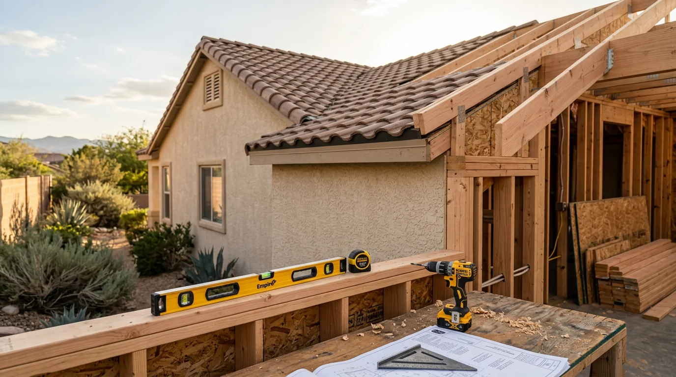 A newly completed single-story home addition in Las Vegas with stucco exterior matching the original house, featuring a new roofline and window trim consistent with the existing structure. The addition extends the rear of a residential property under clear Nevada skies.