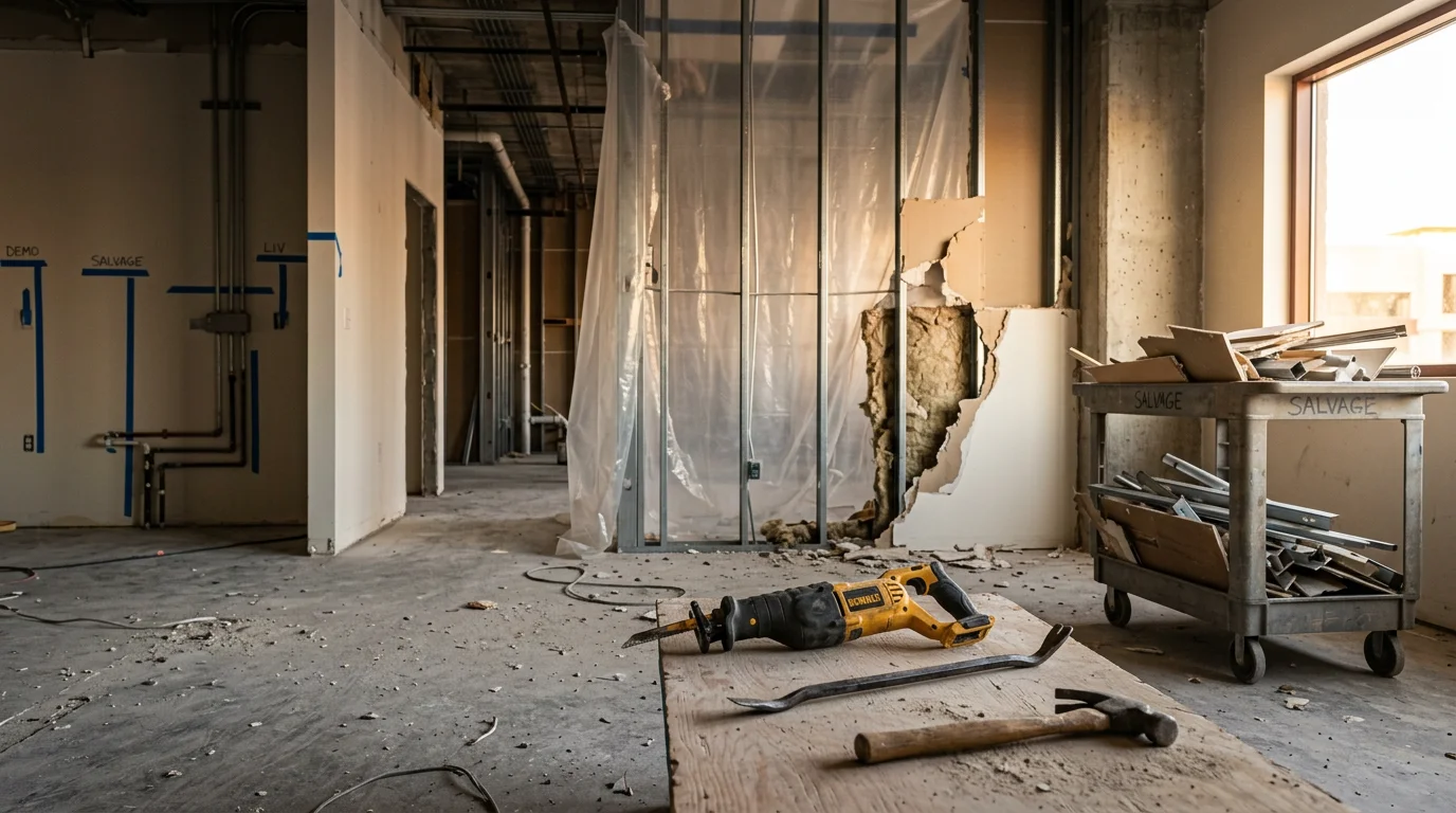Interior demolition in progress inside a Las Vegas residential property, with walls stripped to the studs and debris staged for removal. The exterior of the home remains fully intact while the interior is cleared for remodeling.