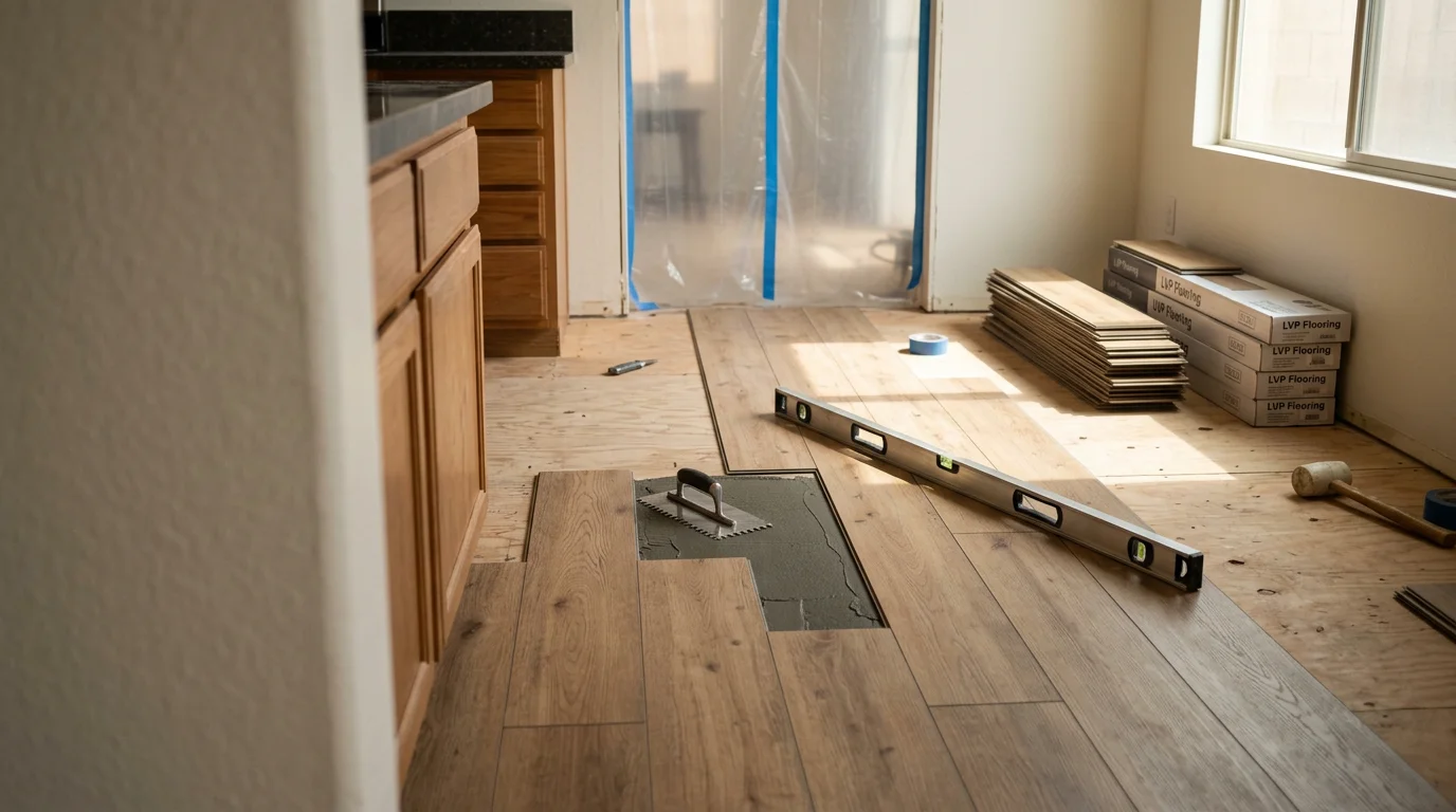 Newly installed kitchen floor in a Las Vegas home, showing clean grout lines and a smooth surface extending from the cabinets to the open living area. The finished floor reflects natural light coming through a window above the kitchen sink.