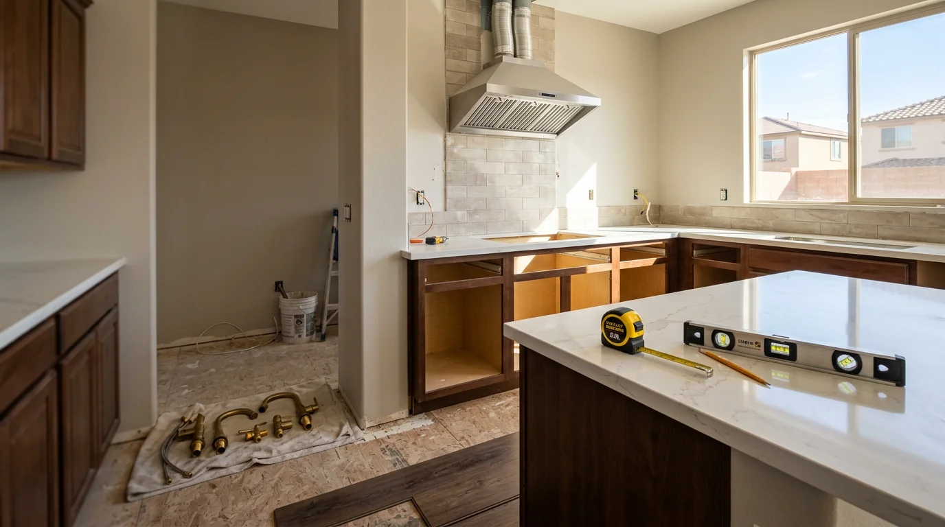 Newly remodeled kitchen in a Las Vegas home featuring an open layout, updated cabinetry, and heat-resistant countertops. The space is bright, organized, and designed for everyday use in a desert climate.