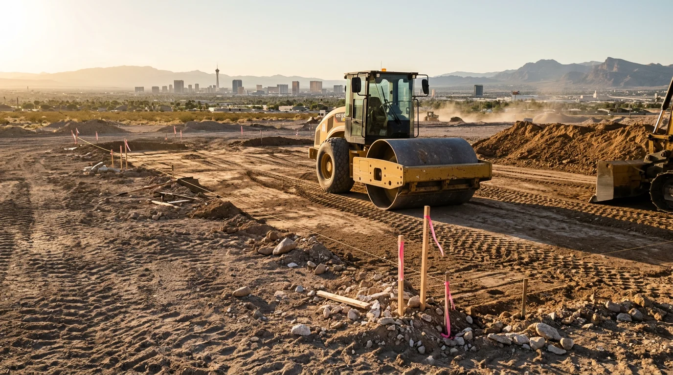 A Las Vegas construction lot after site preparation, showing a leveled and compacted dirt pad with graded edges ready for foundation work. Desert terrain surrounds the cleared build area under a clear Nevada sky.