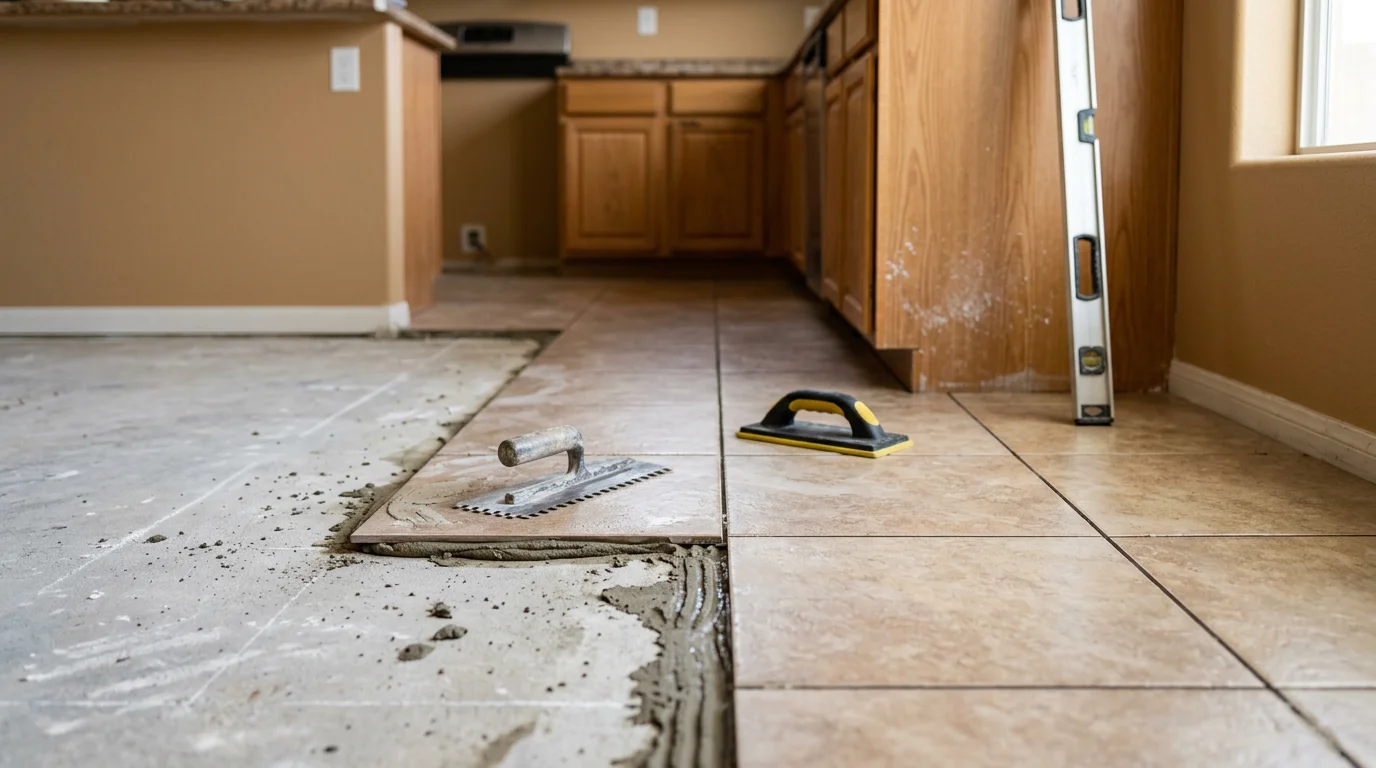 Freshly installed bathroom floor and shower wall tile in a Las Vegas home, showing clean grout lines and a level tile surface. The bathroom features a tiled tub surround with consistent spacing and a finished edge along the floor perimeter.
