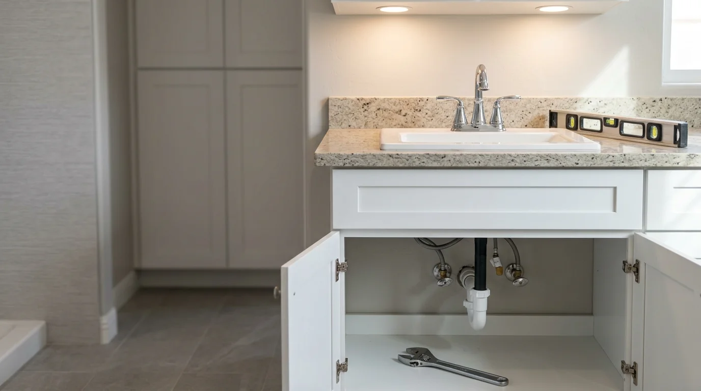 A newly installed bathroom vanity with an undermount sink and coordinated faucet in a Las Vegas home bathroom. The cabinet is flush against the wall with clean plumbing connections and a mirror mounted above.