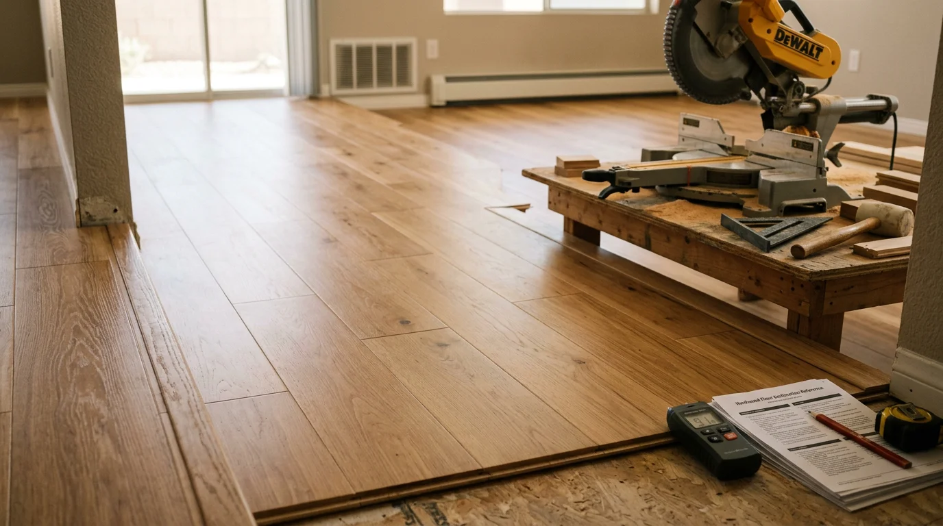 Freshly installed wood flooring in a Las Vegas home living room, showing tight plank seams and a clean, level finish. Natural light from a large window highlights the wood grain across the full floor surface.